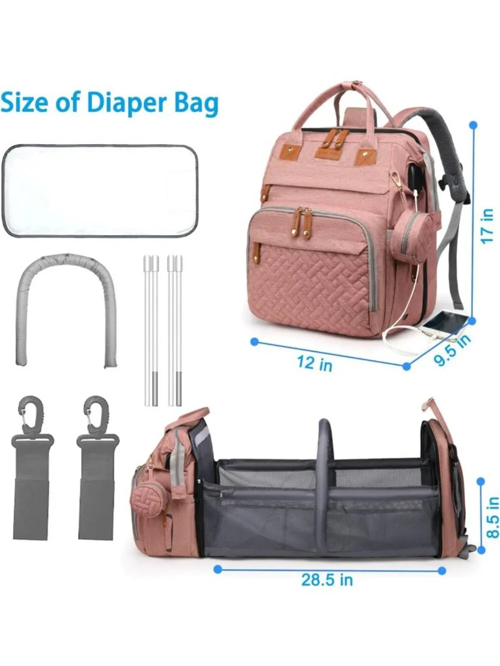 Waterproof Baby Diaper Bag Backpack with Changing Station & USB Port - Pink